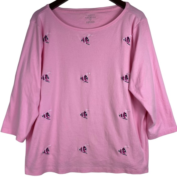Talbots 2X 18 20 XXL Top Shirt Tunic Pink Fish Embroidered Beaded - Picture 2 of 4